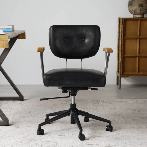 Cadeira de escritório ergonómica em pele - com rodas, apoios de braços em carvalho, altura ajustável e rotação de 360° - Preto Cadeira de escritório ergonómica em pele - com rodas, apoios de braços em carvalho, altura ajustável e rotação de 360° - Preto