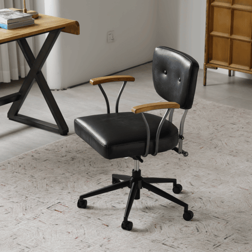 Cadeira de escritório ergonómica em pele - com rodas, apoios de braços em carvalho, altura ajustável e rotação de 360° - Preto Cadeira de escritório ergonómica em pele - com rodas, apoios de braços em carvalho, altura ajustável e rotação de 360° - Preto