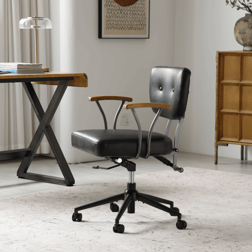 Cadeira de escritório ergonómica em pele - com rodas, apoios de braços em carvalho, altura ajustável e rotação de 360° - Preto Cadeira de escritório ergonómica em pele - com rodas, apoios de braços em carvalho, altura ajustável e rotação de 360° - Preto