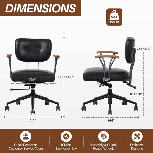 Cadeira de escritório ergonómica em pele - com rodas, apoios de braços em carvalho, altura ajustável e rotação de 360° - Preto Cadeira de escritório ergonómica em pele - com rodas, apoios de braços em carvalho, altura ajustável e rotação de 360° - Preto