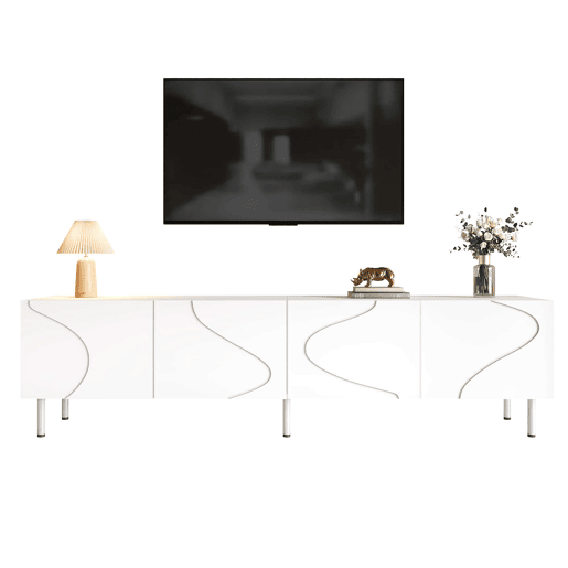 Móvel de TV baixo 180 cm - linhas curvas tridimensionais, 4 portas com abertura push-to-open, PB e MDF, pés metálicos - branco Móvel de TV baixo 180 cm - linhas curvas tridimensionais, 4 portas com abertura push-to-open, PB e MDF, pés metálicos - branco