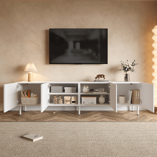 Móvel de TV baixo 180 cm - linhas curvas tridimensionais, 4 portas com abertura push-to-open, PB e MDF, pés metálicos - branco Móvel de TV baixo 180 cm - linhas curvas tridimensionais, 4 portas com abertura push-to-open, PB e MDF, pés metálicos - branco