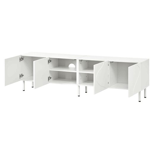 Móvel de TV baixo 180 cm - linhas curvas tridimensionais, 4 portas com abertura push-to-open, PB e MDF, pés metálicos - branco Móvel de TV baixo 180 cm - linhas curvas tridimensionais, 4 portas com abertura push-to-open, PB e MDF, pés metálicos - branco