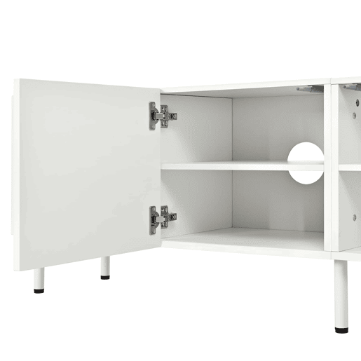 Móvel de TV baixo 180 cm - linhas curvas tridimensionais, 4 portas com abertura push-to-open, PB e MDF, pés metálicos - branco Móvel de TV baixo 180 cm - linhas curvas tridimensionais, 4 portas com abertura push-to-open, PB e MDF, pés metálicos - branco