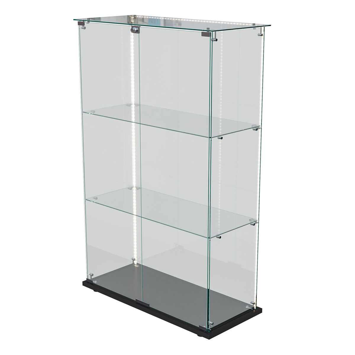 Vitrina de cristal templado de 3 niveles y doble puerta con tira led, moderna unidad de visualización panorámica, color negro.