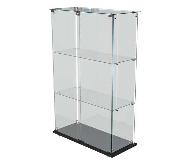 Vitrina de cristal templado de 3 niveles y doble puerta con tira led, moderna unidad de visualización panorámica, color negro.