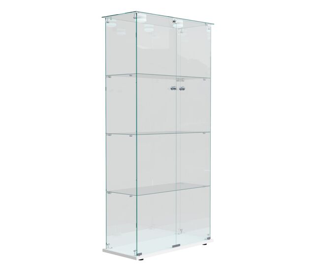 Vitrina de cristal templado de cuatro niveles y doble puerta con iluminación led mediante pulsador, mueble expositor moderno, 78x35x163 cm, blanca.