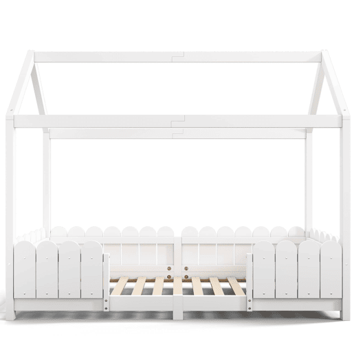 Cama infantil tipo casinha 90x200 cm - madeira, com barreira de segurança e base, sem colchão - Branco