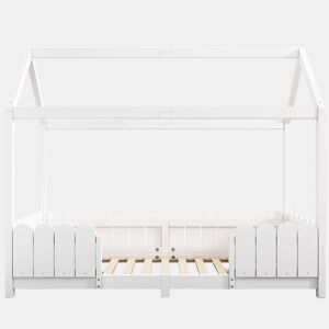 Cama infantil tipo casinha 90x200 cm - madeira, com barreira de segurança e base, sem colchão - Branco