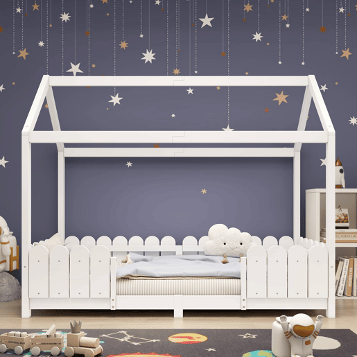 Cama infantil tipo casinha 90x200 cm - madeira, com barreira de segurança e base, sem colchão - Branco