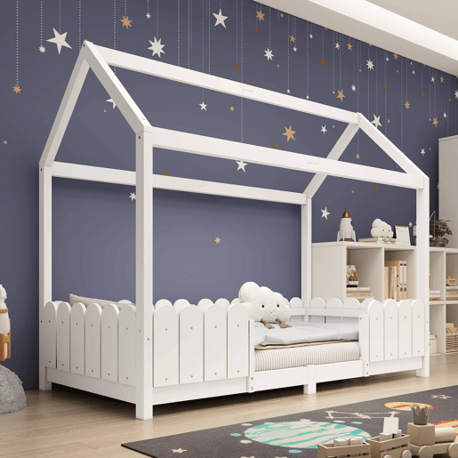 Cama infantil tipo casinha 90x200 cm - madeira, com barreira de segurança e base, sem colchão - Branco