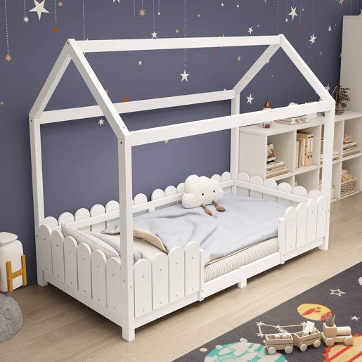 Cama infantil tipo casinha 90x200 cm - madeira, com barreira de segurança e base, sem colchão - Branco