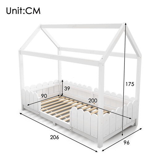 Cama infantil tipo casinha 90x200 cm - madeira, com barreira de segurança e base, sem colchão - Branco