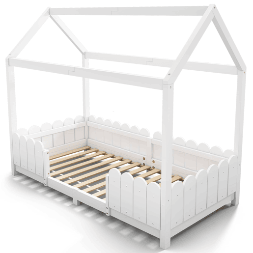 Cama infantil tipo casinha 90x200 cm - madeira, com barreira de segurança e base, sem colchão - Branco