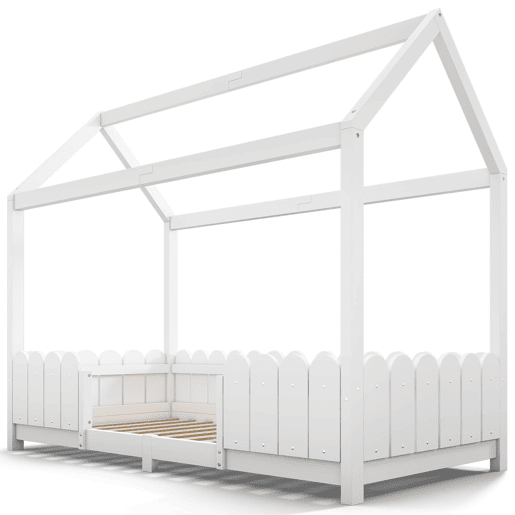 Cama infantil tipo casinha 90x200 cm - madeira, com barreira de segurança e base, sem colchão - Branco