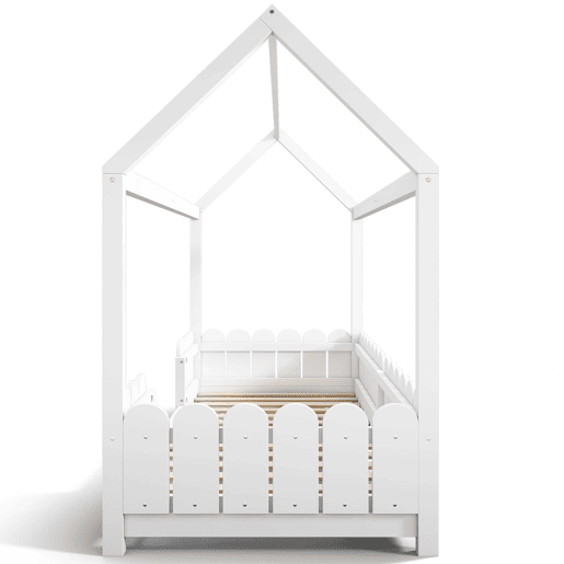 Cama infantil tipo casinha 90x200 cm - madeira, com barreira de segurança e base, sem colchão - Branco