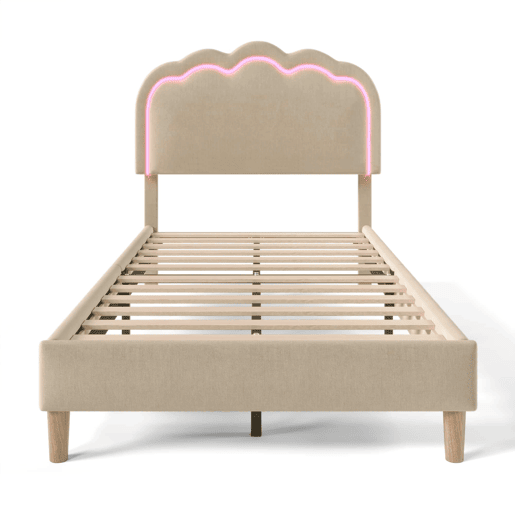 Cama individual estofada 90 × 190 cm u2013 LED, base de cama e cabeceira ajustável u2013 Bege
