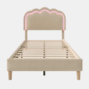 Cama individual estofada 90 × 190 cm u2013 LED, base de cama e cabeceira ajustável u2013 Bege