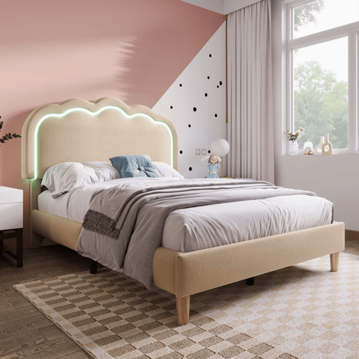 Cama individual estofada 90 × 190 cm u2013 LED, base de cama e cabeceira ajustável u2013 Bege