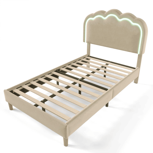 Cama individual estofada 90 × 190 cm u2013 LED, base de cama e cabeceira ajustável u2013 Bege