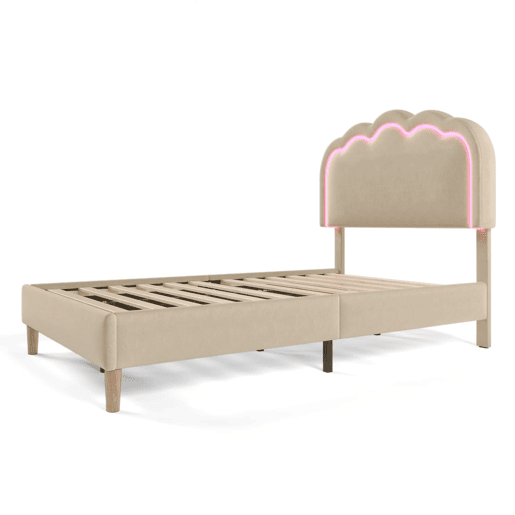 Cama individual estofada 90 × 190 cm u2013 LED, base de cama e cabeceira ajustável u2013 Bege