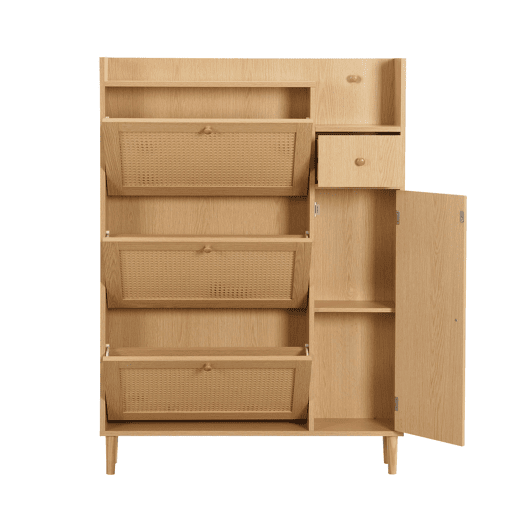 Armário de sapatos 90 × 17 × 125 cm u2013 rattan, 3 portas basculantes, 1 gaveta e pés em madeira maciça u2013 Natural Armário de sapatos 90 × 17 × 125 cm u2013 rattan, 3 portas basculantes, 1 gaveta e pés em madeira maciça u2013 Natural