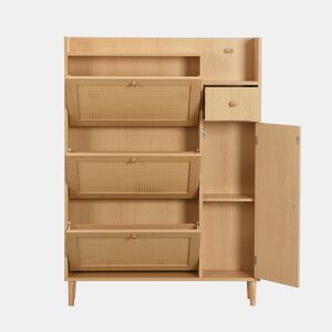 Armário de sapatos 90 × 17 × 125 cm u2013 rattan, 3 portas basculantes, 1 gaveta e pés em madeira maciça u2013 Natural