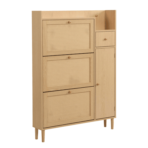 Armário de sapatos 90 × 17 × 125 cm u2013 rattan, 3 portas basculantes, 1 gaveta e pés em madeira maciça u2013 Natural Armário de sapatos 90 × 17 × 125 cm u2013 rattan, 3 portas basculantes, 1 gaveta e pés em madeira maciça u2013 Natural