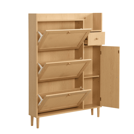 Armário de sapatos 90 × 17 × 125 cm u2013 rattan, 3 portas basculantes, 1 gaveta e pés em madeira maciça u2013 Natural Armário de sapatos 90 × 17 × 125 cm u2013 rattan, 3 portas basculantes, 1 gaveta e pés em madeira maciça u2013 Natural