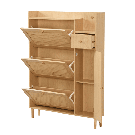 Armário de sapatos 90 × 17 × 125 cm u2013 rattan, 3 portas basculantes, 1 gaveta e pés em madeira maciça u2013 Natural Armário de sapatos 90 × 17 × 125 cm u2013 rattan, 3 portas basculantes, 1 gaveta e pés em madeira maciça u2013 Natural