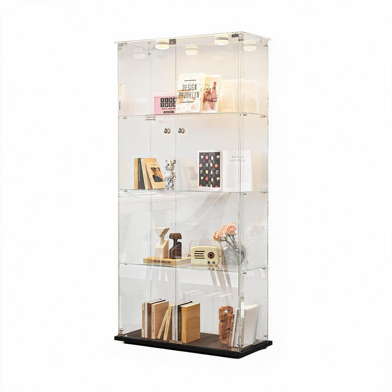 Vitrina de cristal templado de 4 niveles y doble puerta con iluminación led mediante pulsador, unidad de exhibición moderna, 78x35x163 cm, negra.