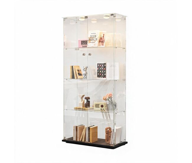 Vitrina de cristal templado de 4 niveles y doble puerta con iluminación led mediante pulsador, unidad de exhibición moderna, 78x35x163 cm, negra.