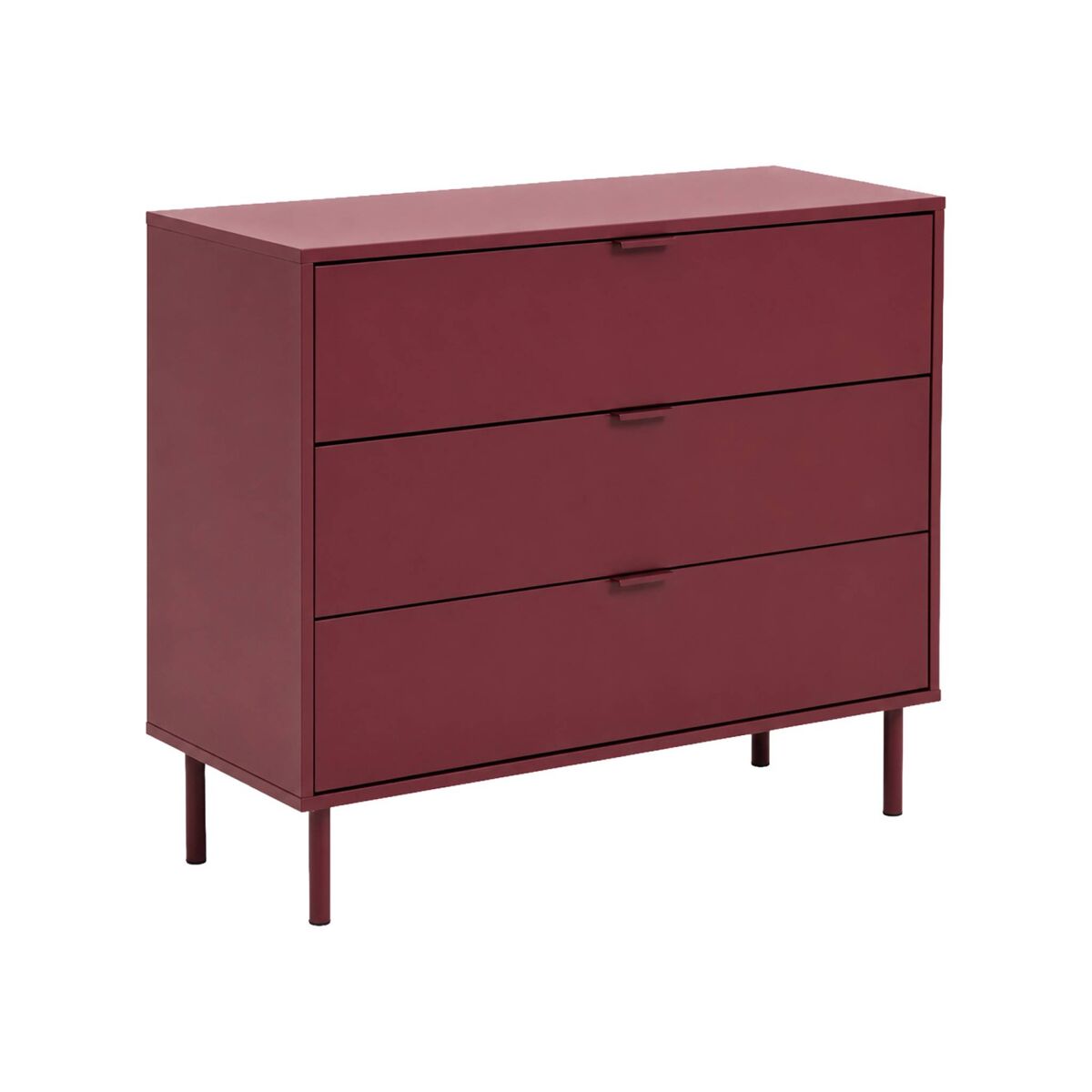 Cómoda de madera y metal con 3 cajones, ellie, burdeos, 90x40x75 cm