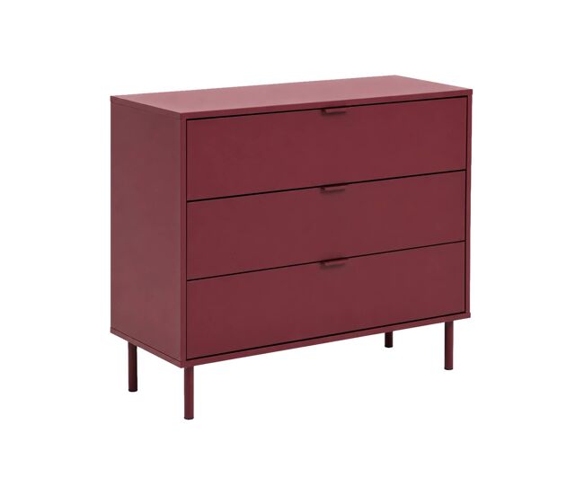 Cómoda de madera y metal con 3 cajones, ellie, burdeos, 90x40x75 cm