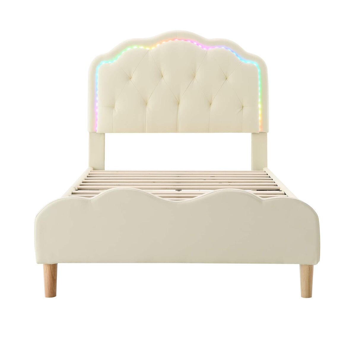 Cama tapizada 90 × 200 cm – cabecero ondulado, led multicolor y somier de láminas – beige