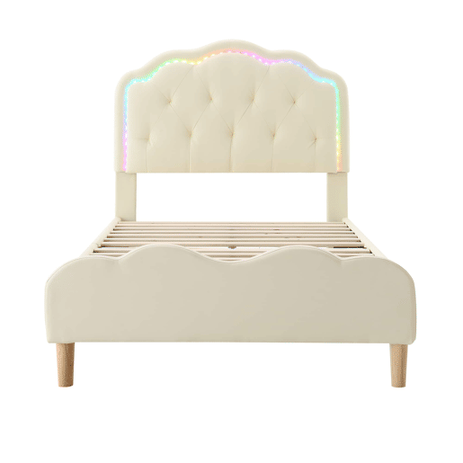 Cama estofada 90 × 200 cm u2013 cabeceira ondulada, LED multicolorido e base de lâminas u2013 Bege