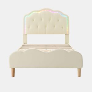 Cama estofada 90 × 200 cm u2013 cabeceira ondulada, LED multicolorido e base de lâminas u2013 Bege