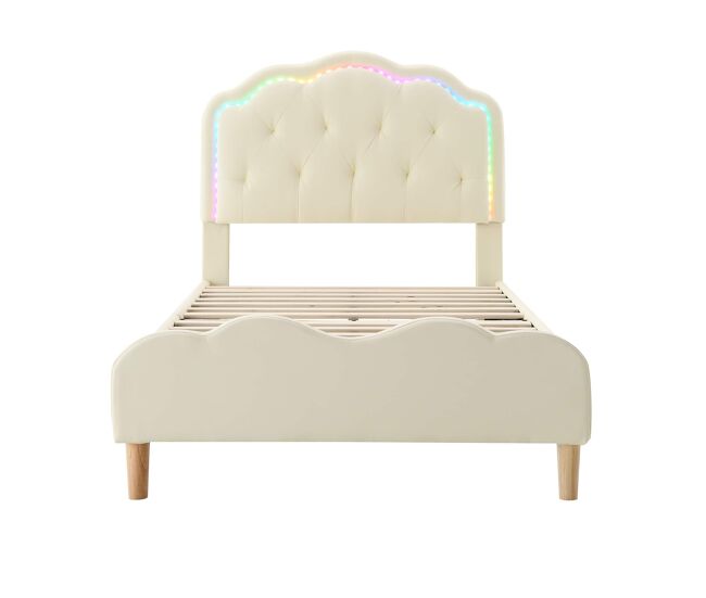 Cama tapizada 90 × 200 cm – cabecero ondulado, led multicolor y somier de láminas – beige