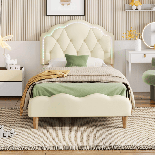 Cama estofada 90 × 200 cm u2013 cabeceira ondulada, LED multicolorido e base de lâminas u2013 Bege