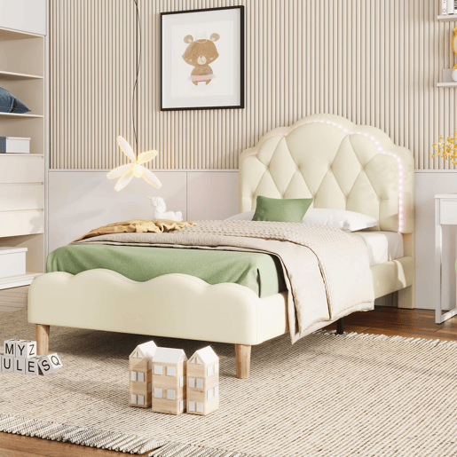 Cama estofada 90 × 200 cm u2013 cabeceira ondulada, LED multicolorido e base de lâminas u2013 Bege