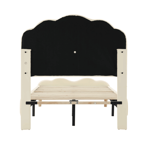 Cama estofada 90 × 200 cm u2013 cabeceira ondulada, LED multicolorido e base de lâminas u2013 Bege