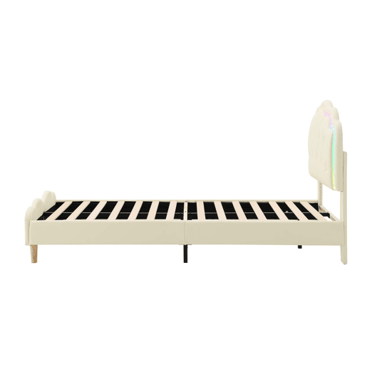 Cama estofada 90 × 200 cm u2013 cabeceira ondulada, LED multicolorido e base de lâminas u2013 Bege