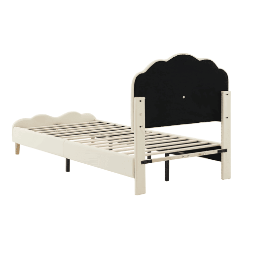 Cama estofada 90 × 200 cm u2013 cabeceira ondulada, LED multicolorido e base de lâminas u2013 Bege