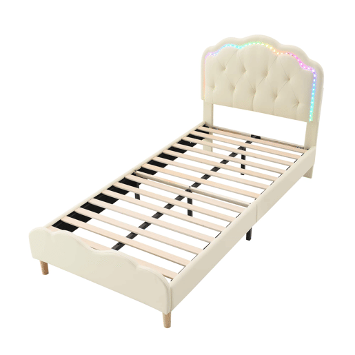 Cama estofada 90 × 200 cm u2013 cabeceira ondulada, LED multicolorido e base de lâminas u2013 Bege