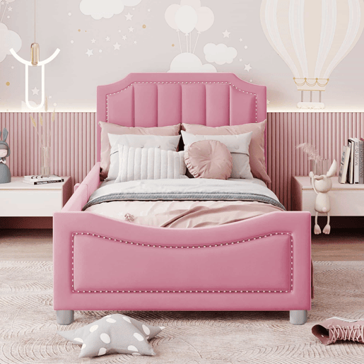 Cama infantil estofada 90 × 200 cm u2013 sofá-cama de flanela com encosto e braços u2013 Rosa Cama infantil estofada 90 × 200 cm u2013 sofá-cama de flanela com encosto e braços u2013 Rosa