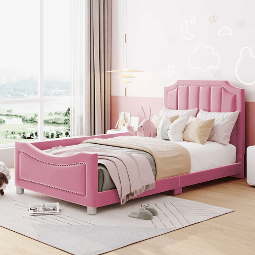 Cama infantil estofada 90 × 200 cm u2013 sofá-cama de flanela com encosto e braços u2013 Rosa Cama infantil estofada 90 × 200 cm u2013 sofá-cama de flanela com encosto e braços u2013 Rosa