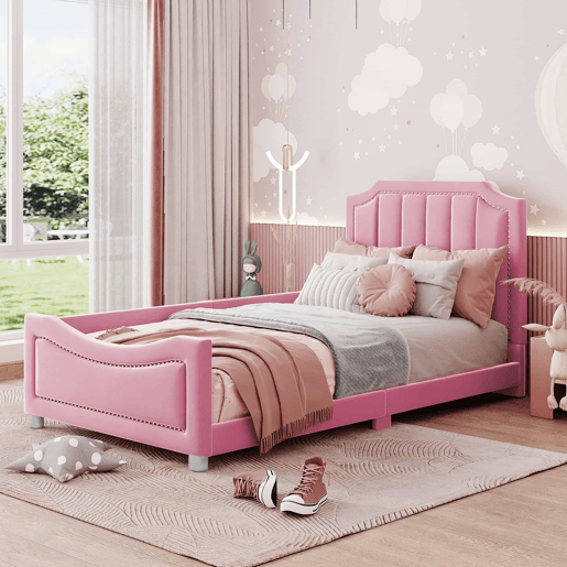 Cama infantil estofada 90 × 200 cm u2013 sofá-cama de flanela com encosto e braços u2013 Rosa Cama infantil estofada 90 × 200 cm u2013 sofá-cama de flanela com encosto e braços u2013 Rosa
