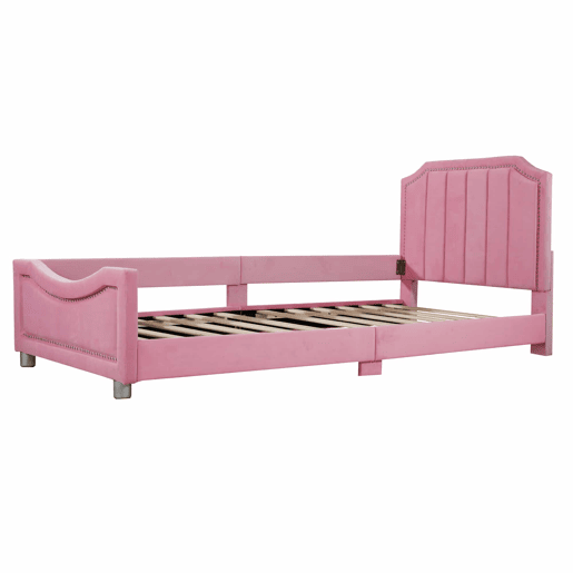 Cama infantil estofada 90 × 200 cm u2013 sofá-cama de flanela com encosto e braços u2013 Rosa Cama infantil estofada 90 × 200 cm u2013 sofá-cama de flanela com encosto e braços u2013 Rosa
