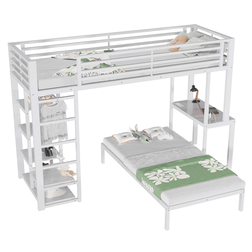 Beliche alto 90 x 200 cm - 2 lugares, secretária, duas entradas USB e Type-C, 4 prateleiras, espaço para guardar roupa, sem colchão - Branco Beliche alto 90 x 200 cm - 2 lugares, secretária, duas entradas USB e Type-C, 4 prateleiras, espaço para guardar roupa, sem colchão - Branco