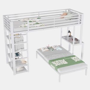 Beliche alto 90 x 200 cm - 2 lugares, secretária, duas entradas USB e Type-C, 4 prateleiras, espaço para guardar roupa, sem colchão - Branco